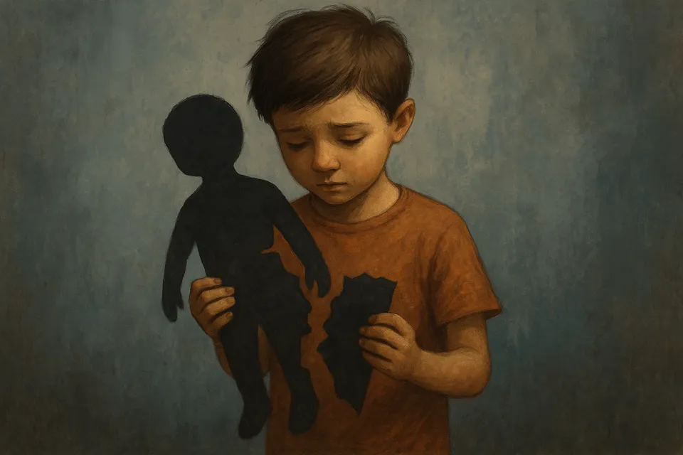 Ilustración de un niño sosteniendo una sombra rota, simbolizando la pérdida temprana de la inocencia