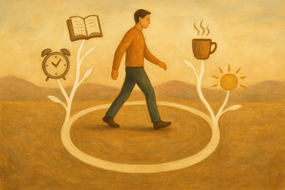 Ilustración artística de una figura humana caminando con serenidad sobre un sendero circular que conecta símbolos de hábitos cotidianos y sentido vital