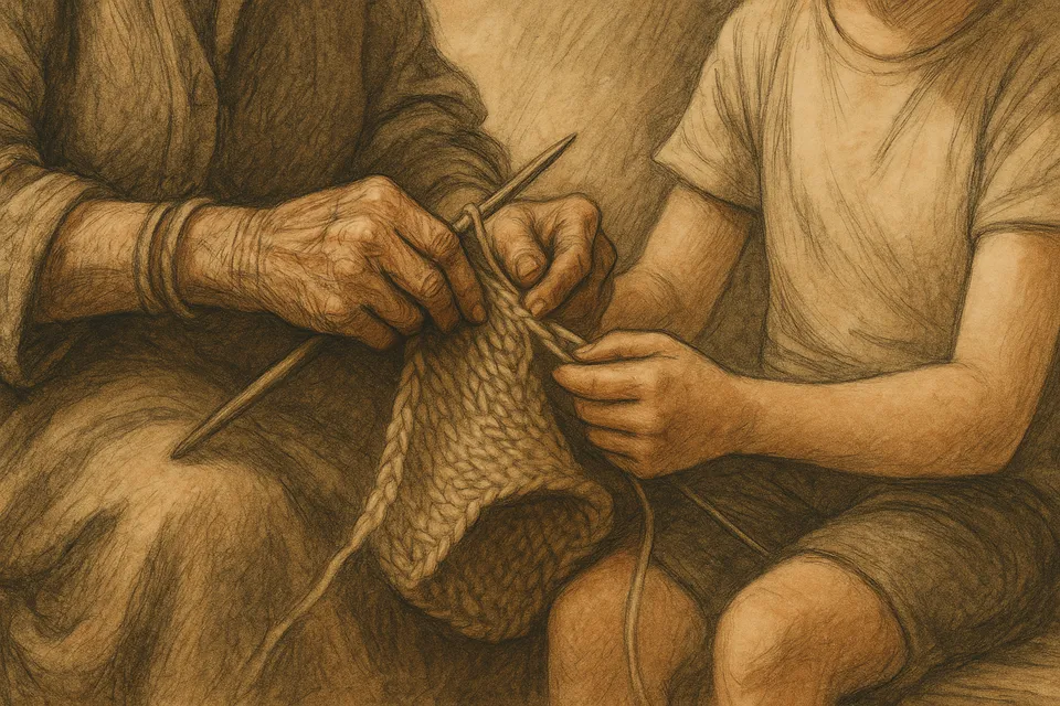 Ilustración simbólica de manos mayores enseñando a manos jóvenes a tejer o reparar algo manualmente