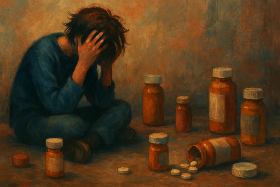 Ilustración artística de una figura humana en posición de recogimiento, rodeada de frascos de medicamentos abiertos, con un fondo melancólico