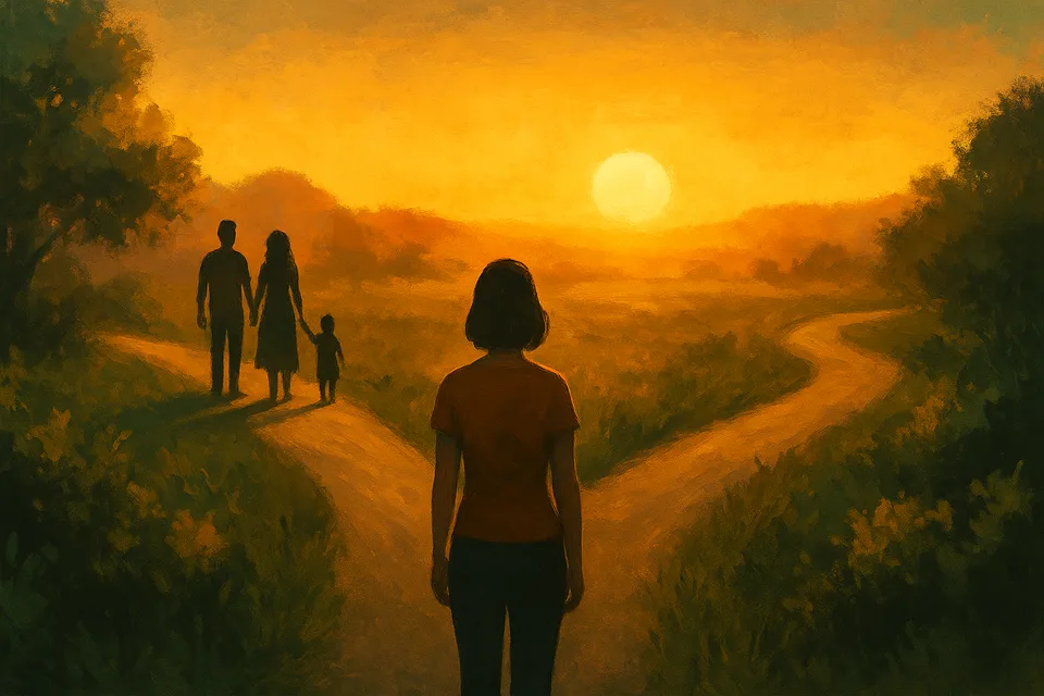 Ilustración simbólica de un camino que se bifurca entre el deseo de tener hijos y el derecho a no tenerlos, representando la libertad reproductiva