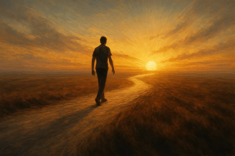 Ilustración artística de una figura caminando sobre un sendero que se desdibuja tras de sí, mientras en el horizonte se forma un nuevo amanecer