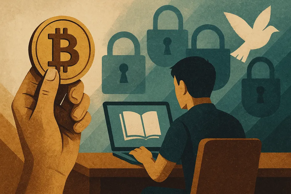 Ilustración de una mano extendida sosteniendo un símbolo de criptomoneda, rodeada de candados abiertos y una paloma en vuelo, representando la libertad financiera, la privacidad y el apoyo sin intermediarios.